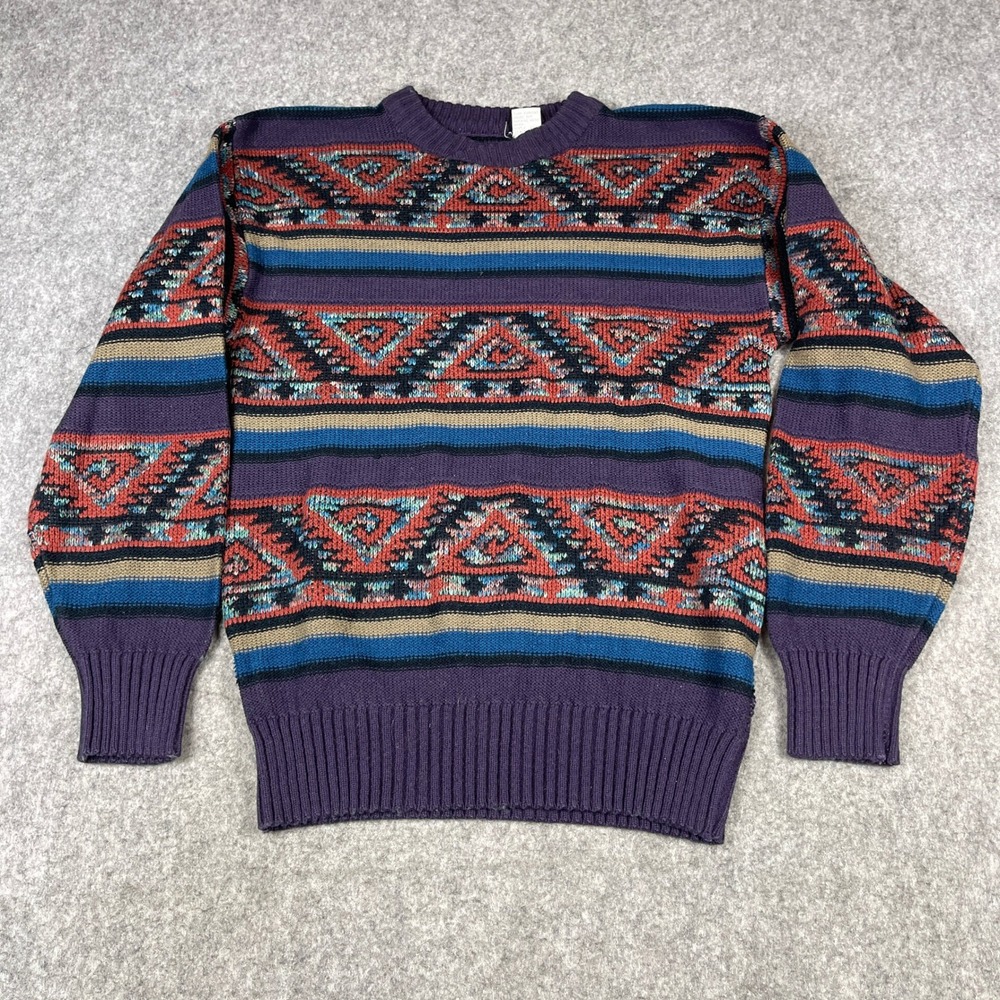 Vintage Southwestern Geometric Crewneck Sweater Purple‎ Blue Mens Medium Korea